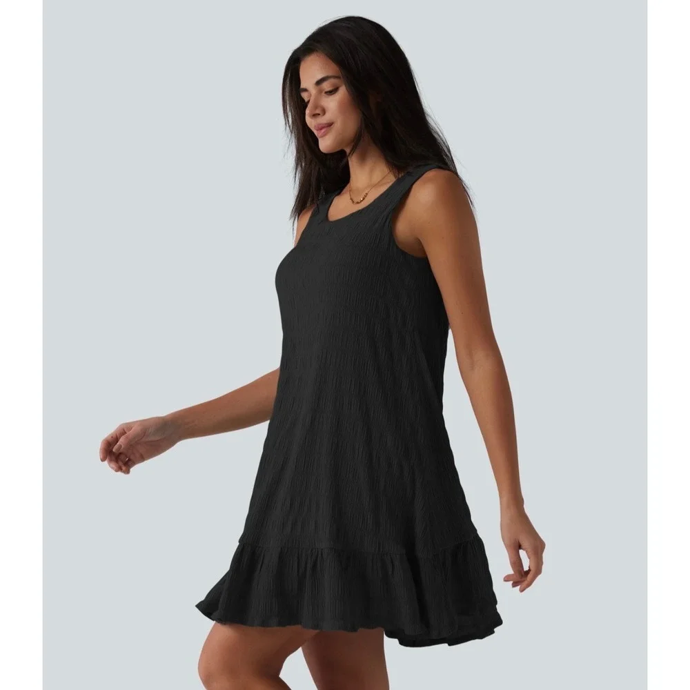 Halara Black Crinkle Textured Ruffle Hem Sleeveless Mini Shift Dress Large New - Picture 2 of 12